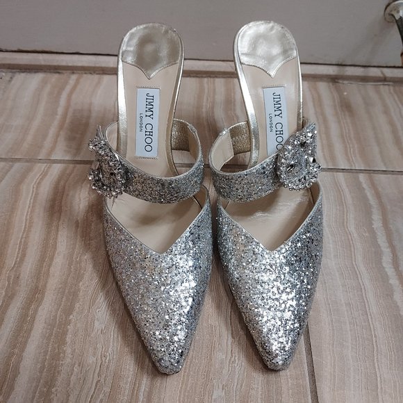 Jimmy Choo Silver Sparkle Glitter Wedding Crystal Buckle Marta Heel Mules - Picture 4 of 10